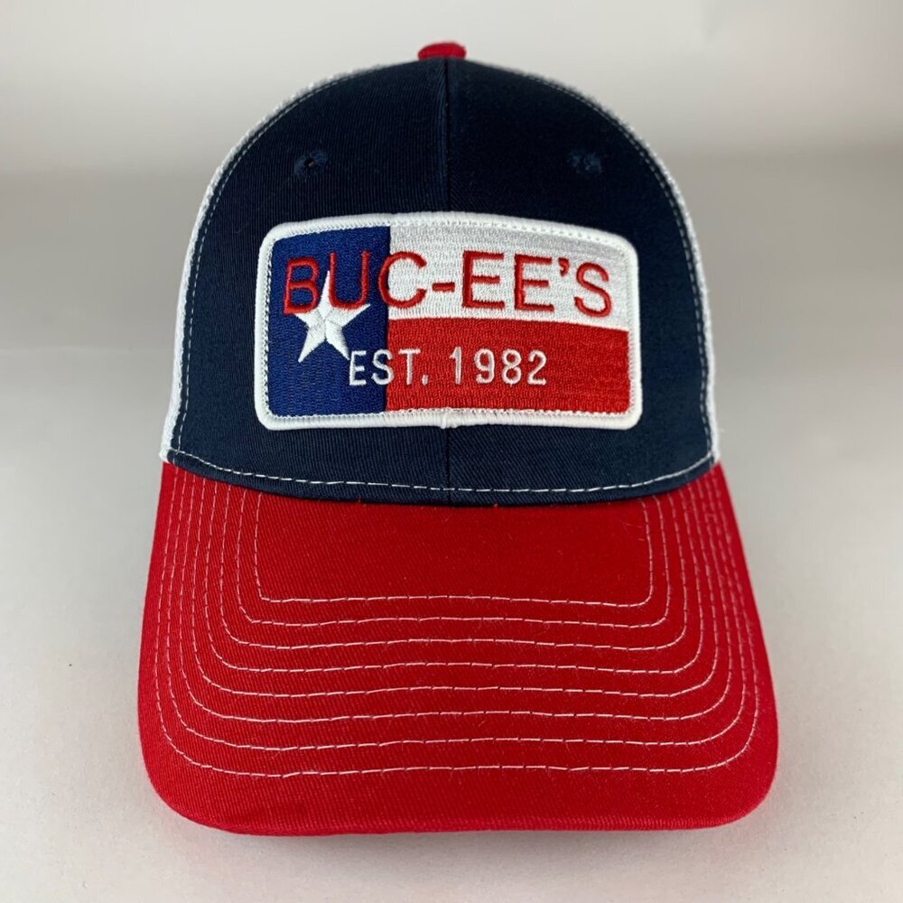 Buc-ees Texas Red Navy Blue White Snapback Trucker Hat - Picture 2 of 5